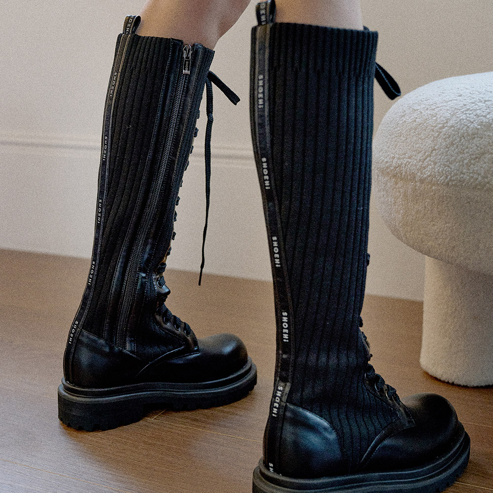 Lena Knit Lace-Up Long Walker Boots_B2525
